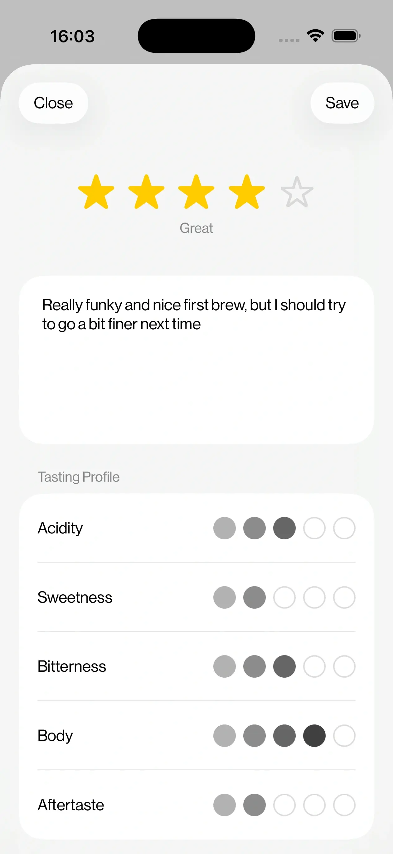 Kissaten app screenshot: Track notes, taste, and ratings